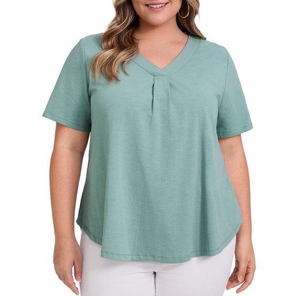 GRACIA Y GRANDEZA Camisetas de Mujer Tallas Grandes Cuello en V con Banda Manga Corta Ajuste Suelto Blusa Plisada Casual y Moderna 3X Verde