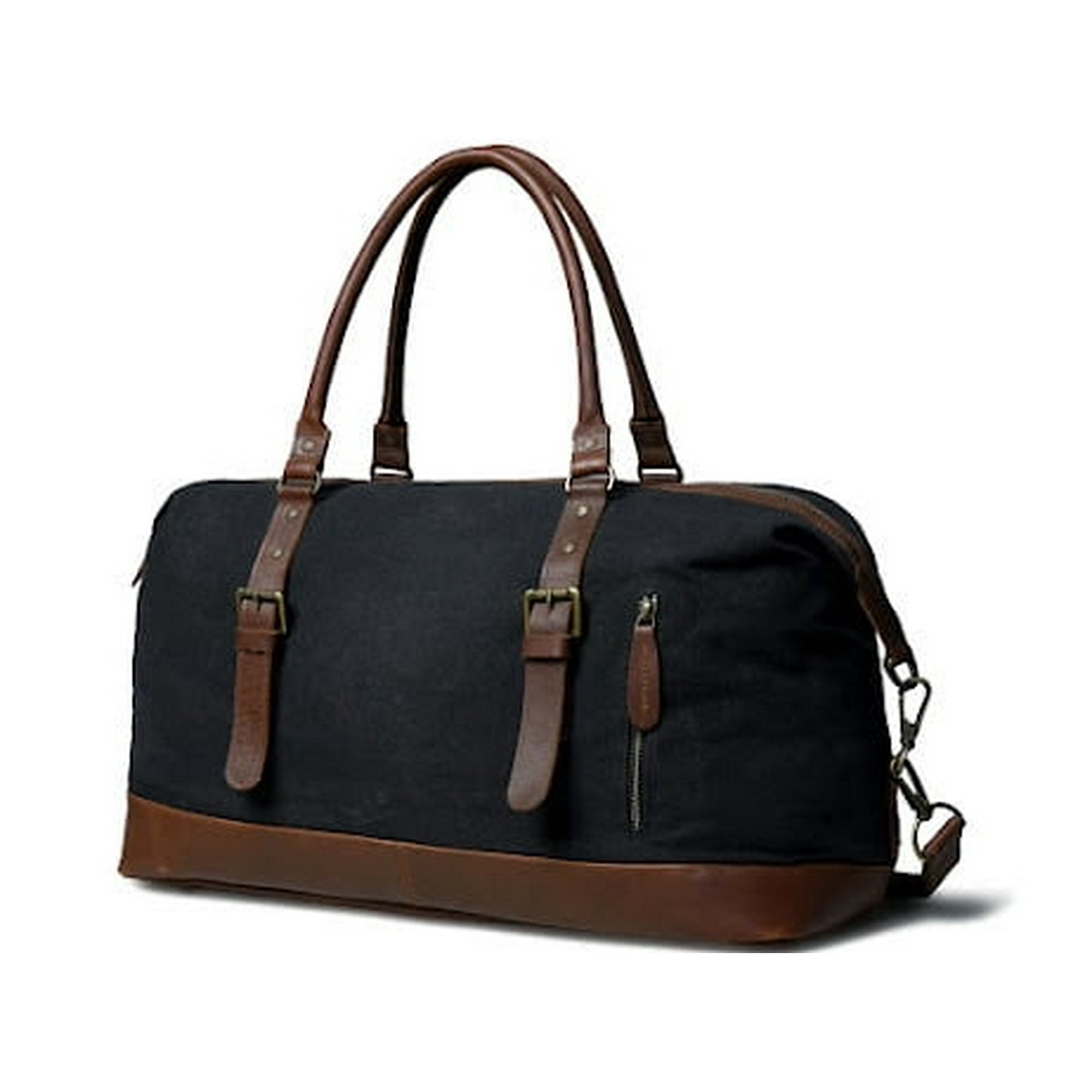 Bolso Sharo Classic Leather Weekender Duffle Lona Negra Y Cuero Marrón