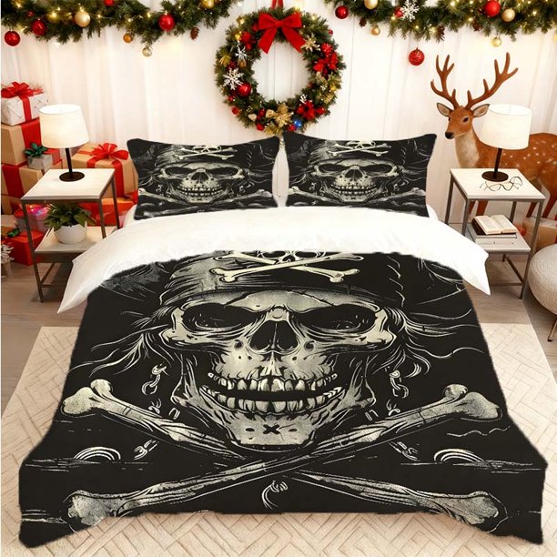 Pirate Skull Print Duvet Cover Set Bedding Set Includes Duvet Cover + 2 Pillowcases Suitable for All Seasons Essential for Home Bedroom and Guest Rooms Perfect