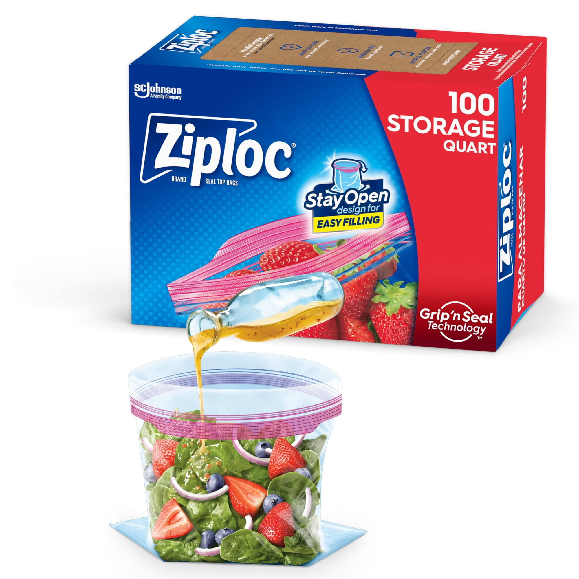 Ziploc - Bolsas De Almacenamiento De Alimentos Con Cierre Hermético De Un Cuarto De Galón, 100 Unidades, Diseño Que Se Mantienen Abiertas