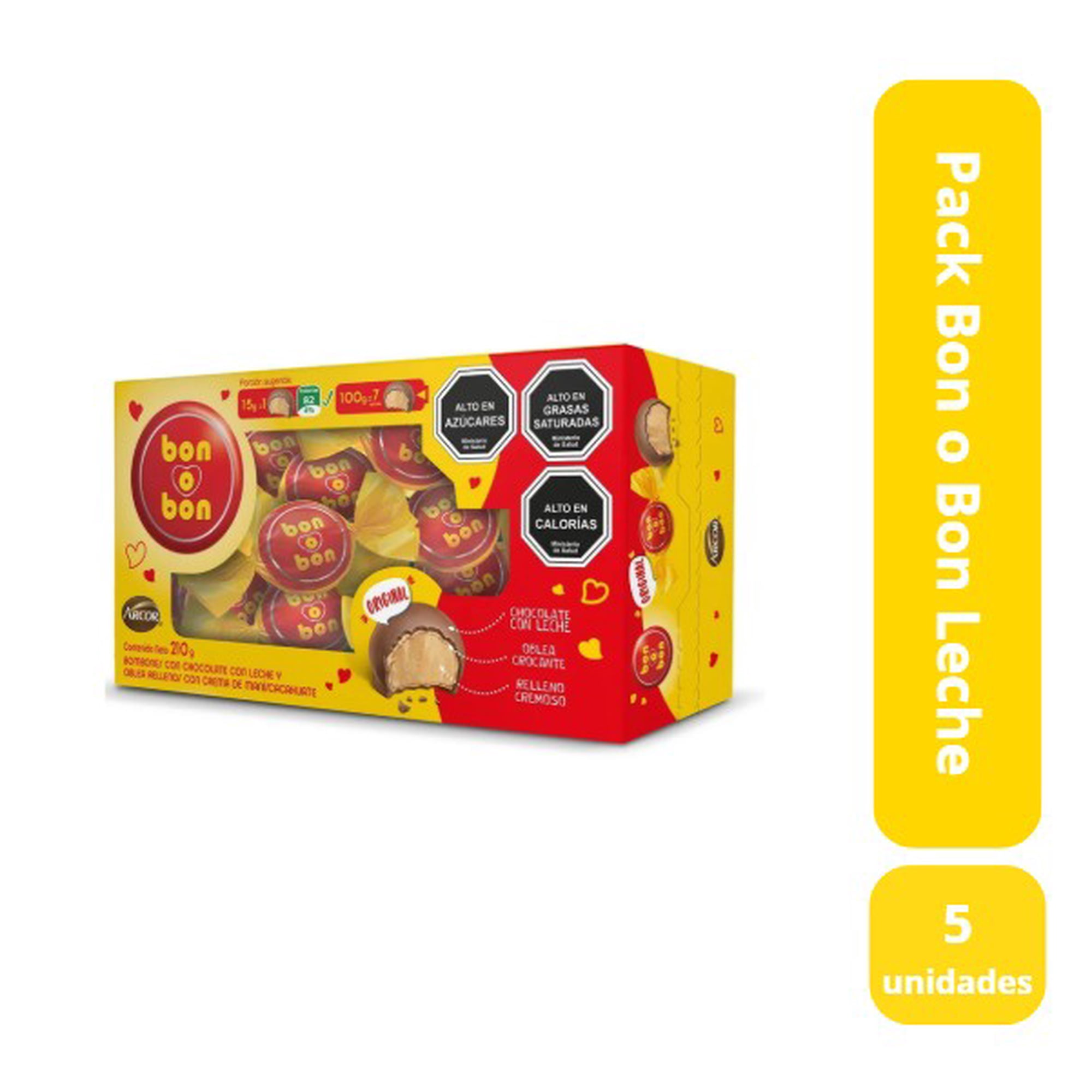 Arcor - Pack 5 Caja Bombón Leche 15 Unidades Bon O Bon Leche 210gr