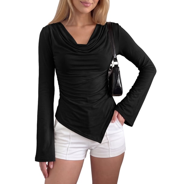 INSPIRE CHIC Blusa de punto ajustada asimétrica para mujer Y2K con cuello drapeado y mangas largas de trompeta Primavera Otoño Camisas para salir Mediana Negra