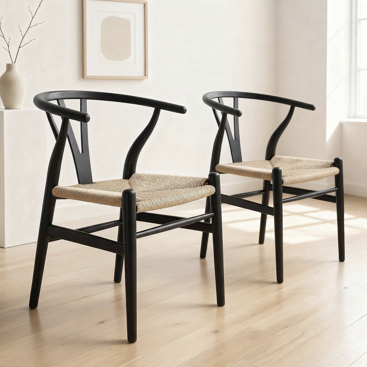 Pack 2 Sillas Wishbone Madera De Haya Para Comedor Venhoouse Negras