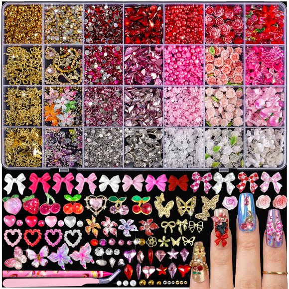Kit de Encantos para Uñas JINJINANV 28 Compartimentos con Lazos, Cereza y Gemas