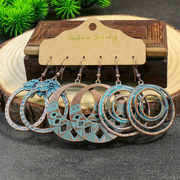 3pairs Vintage Geometric Earrings - Ancient Copper with Matchy Blue Design - Simple and Stylish Fashion Accessory