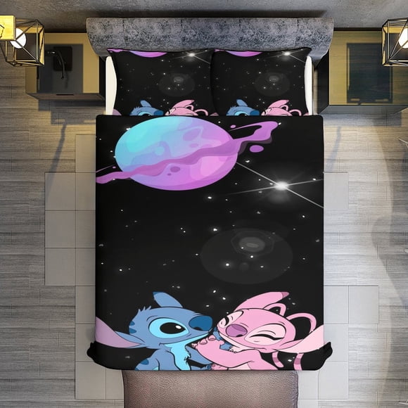3 Pieces Stitch and Angel Bedding Comforter Set Full with 2 Pillowcases for Kids Teens Girls Women Microfiber Easy Wash Light Breathable Cozy White Base Bed Sheets