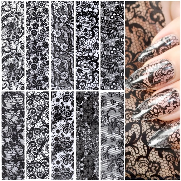 Lámina de transferencia de uñas SmallCat, 10 hojas, encaje negro, para bricolaje