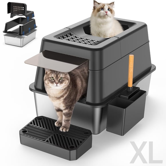 Caja de arena de acero inoxidable Aphyxen XL para grandes felinos con tapa