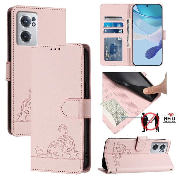 Funda tipo cartera FOXDOCK para Oneplus NORD CE 2 5G con soporte, ranuras, RFID, diseño de gato