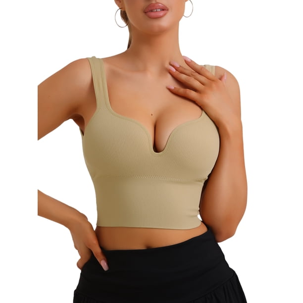 INSPIRE CHIC Sujetador de Mujer Regreso a Clases Sin Aros Copa Integrada Camiseta Deportiva Push-Up Acanalada Ropa Interior Beige L