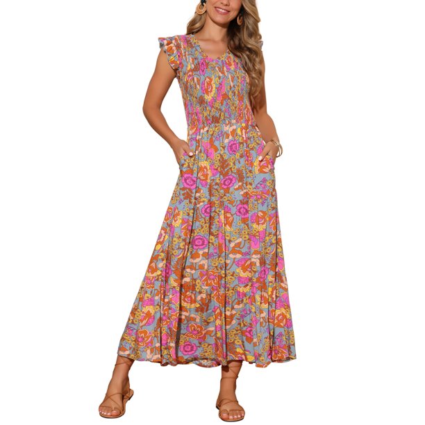 INSPIRE CHIC Vestido Largo Floral de Mujer con Cuello en V, Volantes Fruncidos, Capas, Verano, Playa, Manga Corta y Bolsillos, Talla S, Gris Verde