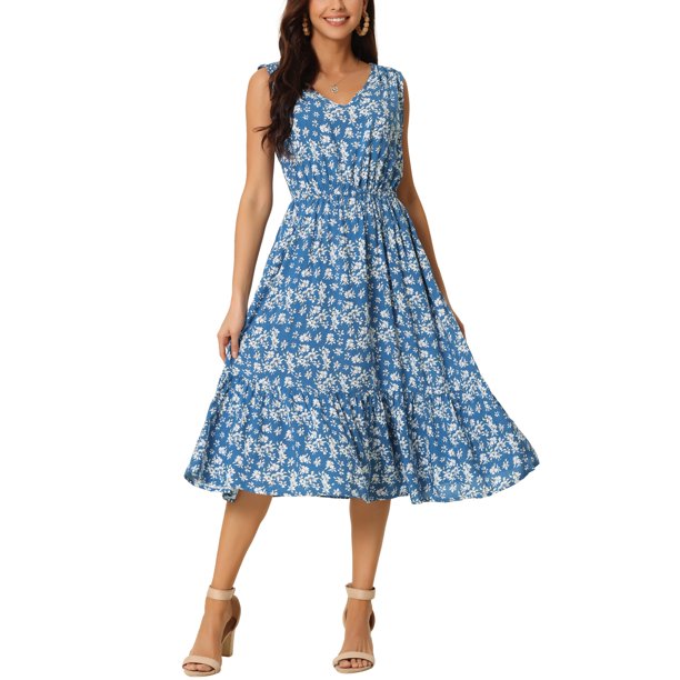 Vestido Midi de Rayón con Estampado Floral sin Mangas para Mujer de INSPIRE CHIC, Escote en V, Volantes en Capas, Cintura Elástica, Vestido Casual de Verano con Bolsillos Azul M