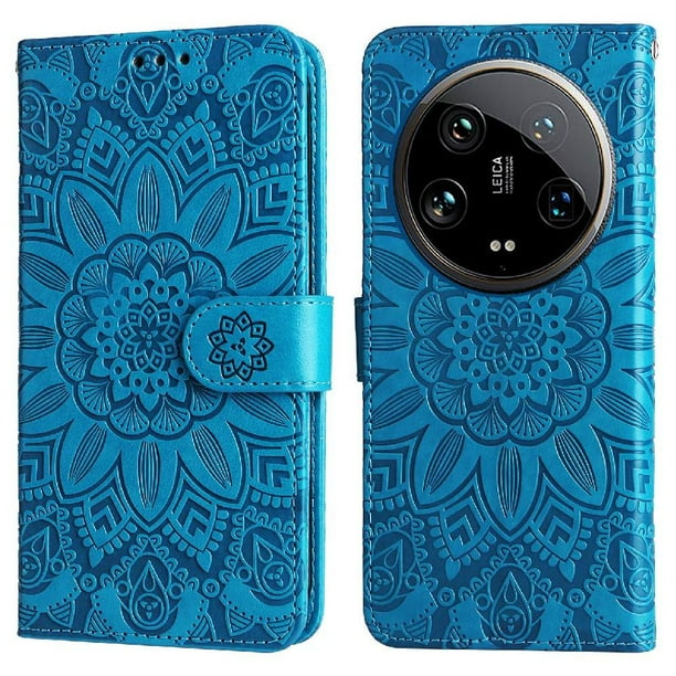 Funda tipo cartera FOXDOCK para Xiaomi 14 Ultra , diseño girasol en relieve, cuero PU, cierre magnético, soporte y tarjetero