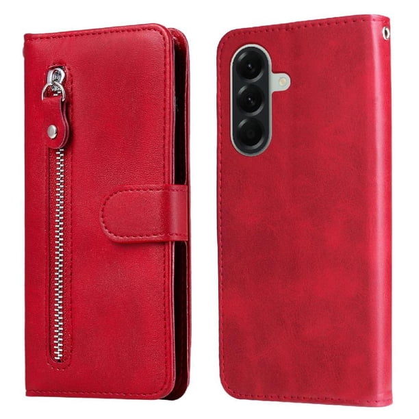 Funda tipo cartera para Samsung Galaxy A57 5G con bolsillo con cremallera y ranuras para tarjetas – Función de soporte Rojo