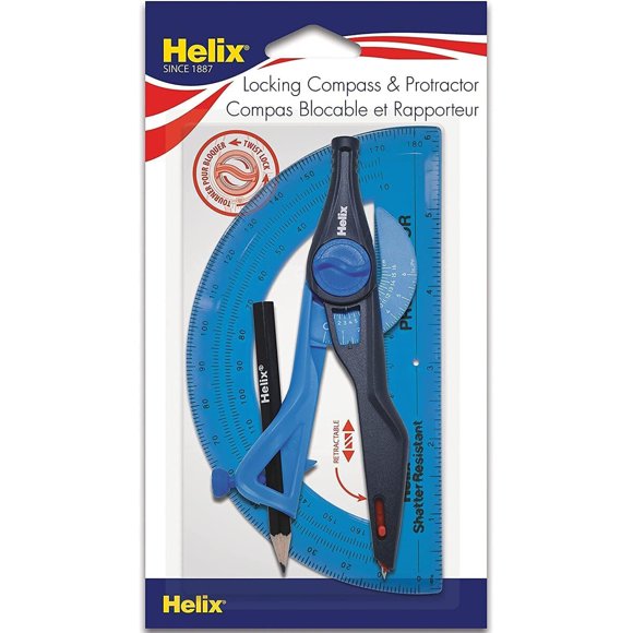 Helix Compass and Protractor Set Plastic Locking 2-Piece
