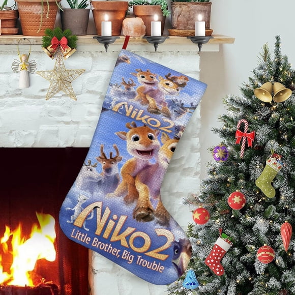 Niko la Película Tema: Calcetines de Navidad, fino lino blanco para colgar en escaleras y chimenea, decoración navideña para el hogar, regalo de Navidad.54cm×38cm