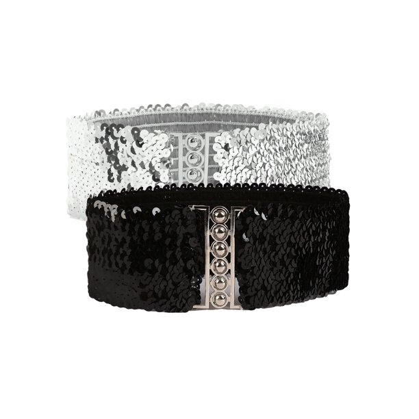 INSPIRE CHIC Cinturón de Mujer con Decoración de Lentejuelas Hebillas Metálicas entrelazadas Cinturón Elástico para la Cintura Plata y Negro