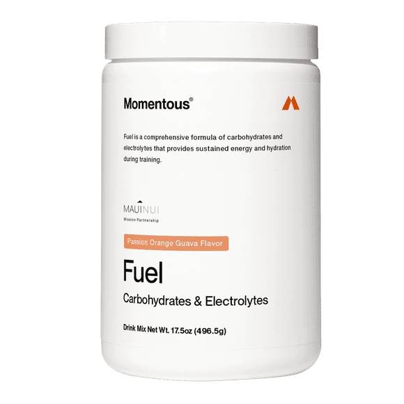 Momentous Fuel — Passion Orange Guava · Carbohidrato + Electrolitos Intra-Entrenamiento