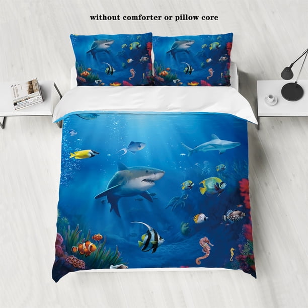 v2842 Bed Sheets piece down set with blue marine shark pattern ( down duvet cover+ pillowcases, no core) Bedroom bedding 3-Piece Bedding Set (1 Duvet Cover + 2 Pillow Shams) Bed Sheets ju2842