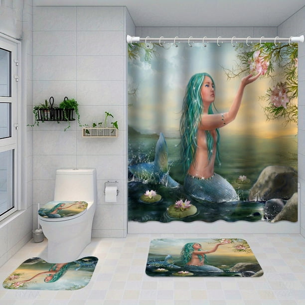 4pcs Mermaid Bathroom Set - Waterproof Shower Curtain with 12 Hooks, Non-Slip Rug, Toilet Lid Cover Pad, and Toilet U-Shape Mat - Decorate Your Bathroom with Style and Comfort