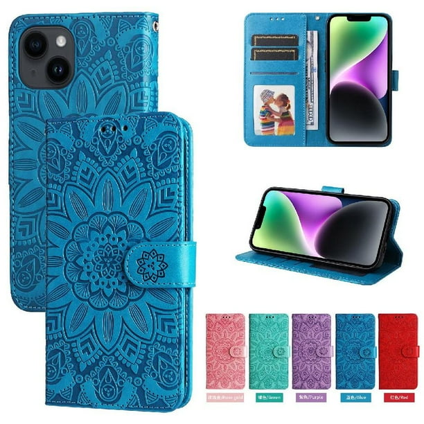 Funda tipo cartera FOXDOCK para iPhone 13 , diseño girasol en relieve, cuero PU, cierre magnético, soporte y tarjetero