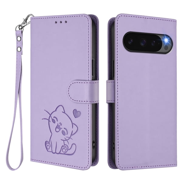 Funda de Gato tipo Libro para Google Pixel 9 Pro XL 5G, Lila Claro
