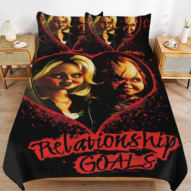 Bride of Chucky And Tiffany Bedding Set Duvet Cover Comfortable and Lightweight Cartoon Bedding 3 Piece Bed Set