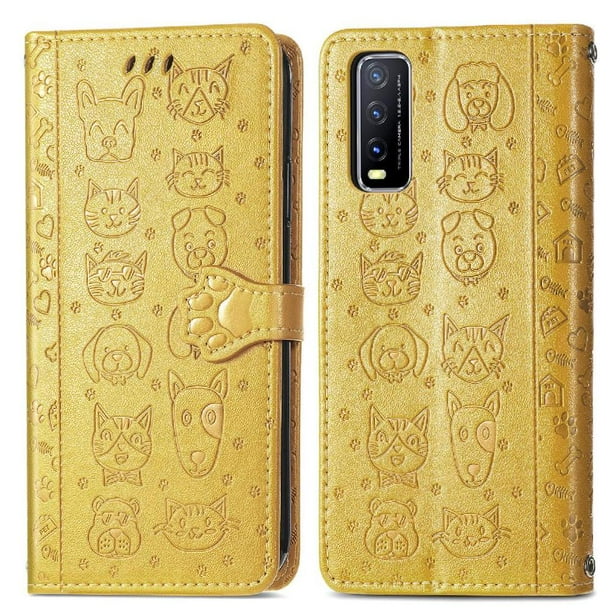 Funda Cartera FOXDOCK para VIVO Y20 , Flip PU con Relieve de Gatos y Perros, Tarjetero y Soporte