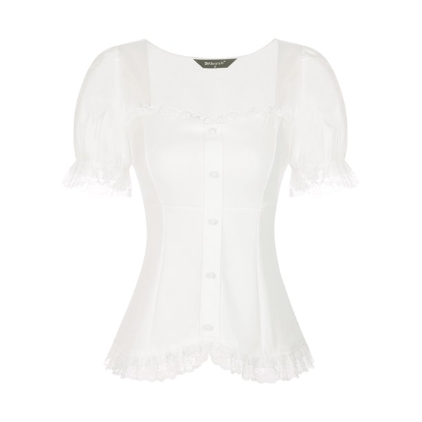 INSPIRE CHIC Camisa Victoriana para Mujeres Regreso a Clases Cuello de Corazón Manga Abullonada Halloween Blusa Gótica con Cordones XS Blanca