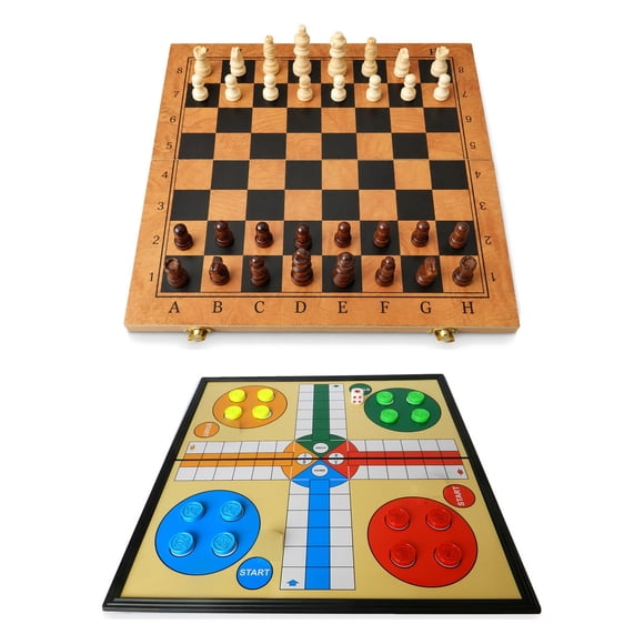 Ajedrez de Madera Plegable 39 cm + Backgammon + Ludo 30 cm Set Juegos de Mesa 3 en 1 C.Mend