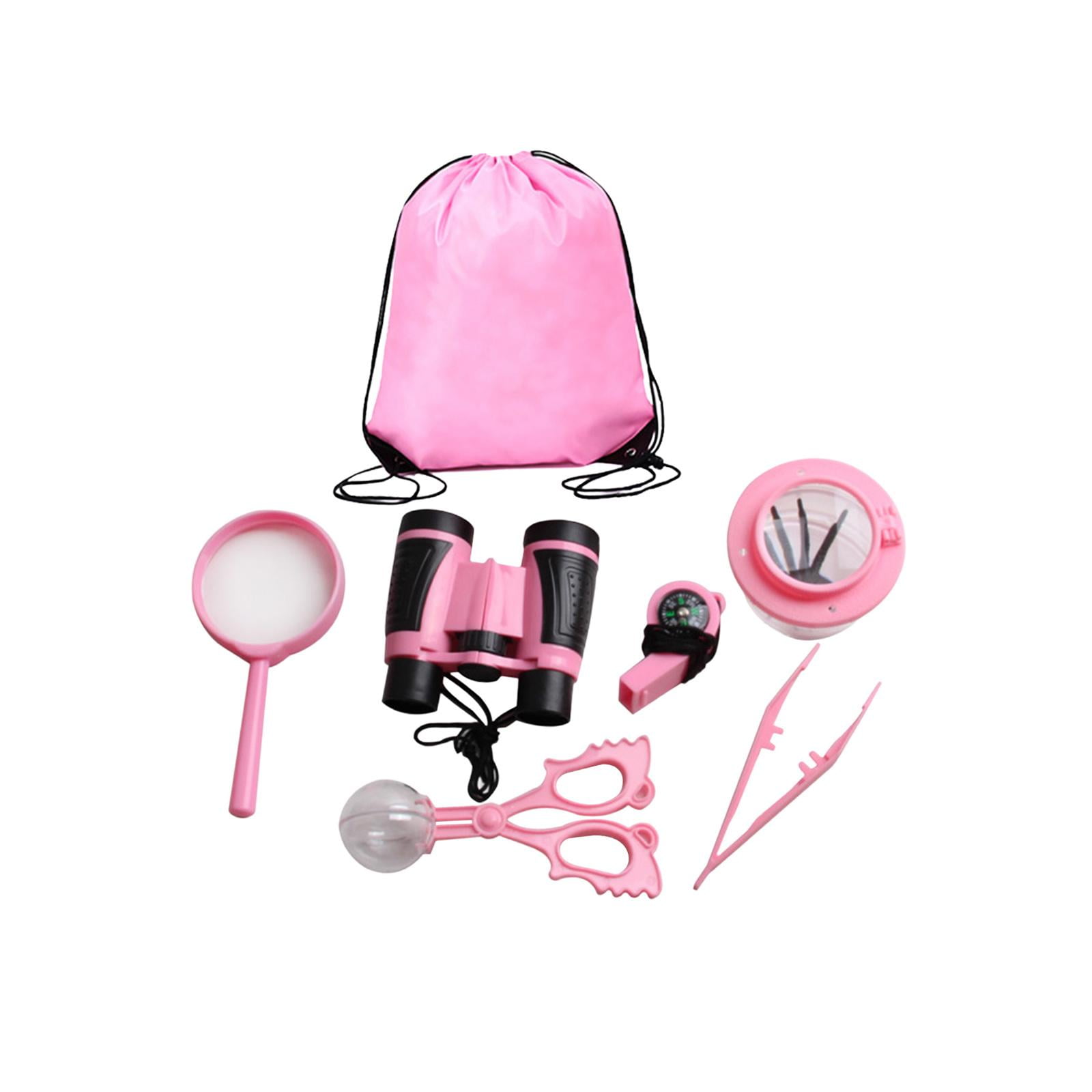 Magideal - 7x Kits De Exploración Al Aire Libre Para Niños Mochila Juego De Juguetes Set Regalo De Cumpleaños Binoculares Lupa Para Patio Trasero Niños Equipo De Rosa