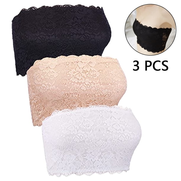 Sujetador tipo tubo de encaje floral para mujer, 3 piezas, bandeau, sin tirantes, sin costuras, elástico, envolvente para el pecho