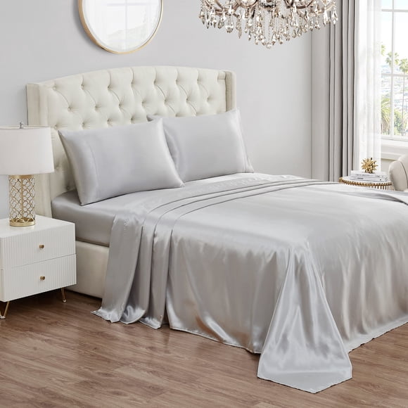 Juego de sábanas Juicy Couture, tamaño queen, gris satinado, 4 piezas