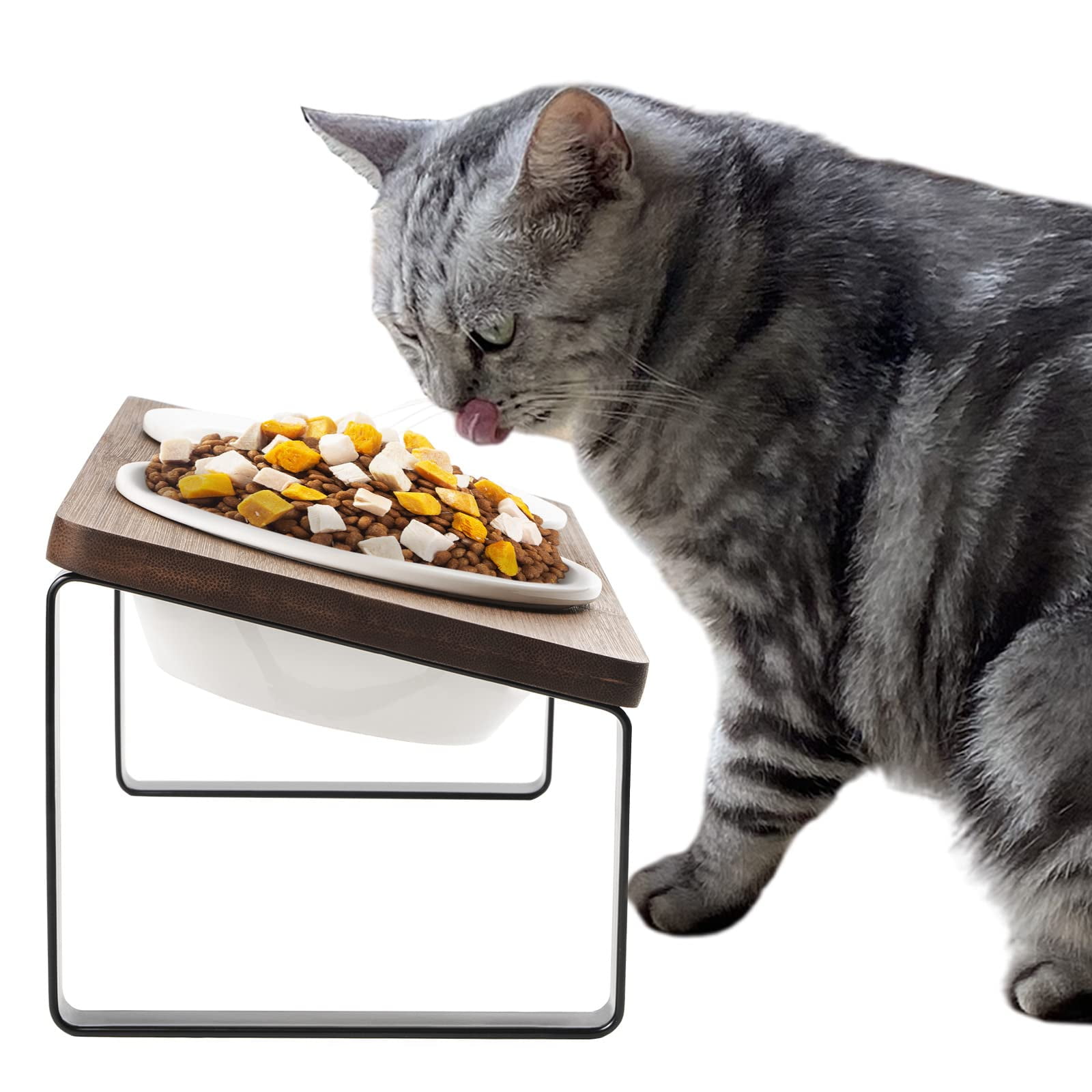 Cuencos Para Gatos Sunhoo De Cerámica Elevados Con Soporte De Madera De 14 Cm De Ancho