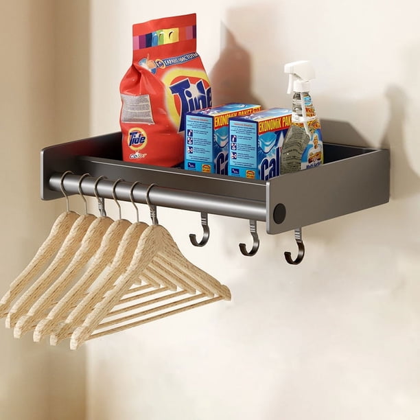 1pc Wall Mounted Bathroom Storage Rack, Balcony Laundry Room Hanging Shelf, Bathroom Tray With Hooks, Space-saving Storage Shelf Over Washing Machine, Laundry Detergent Holder Organizer, Bathroom Acce