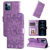 Funda Tipo Cartera Foxdock Para Iphone 12 , Diseño Girasol En Relieve, Cuero Pu, Cierre Magnético, Soporte Y Tarjetero