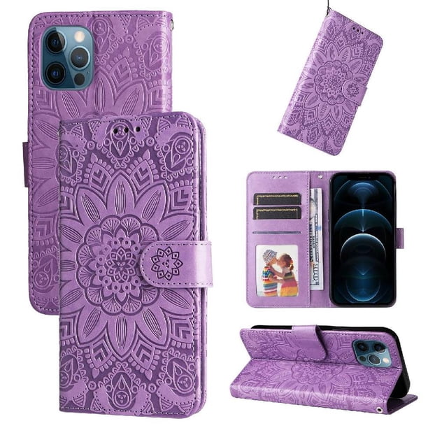 Funda tipo cartera FOXDOCK para iPhone 12 , diseño girasol en relieve, cuero PU, cierre magnético, soporte y tarjetero