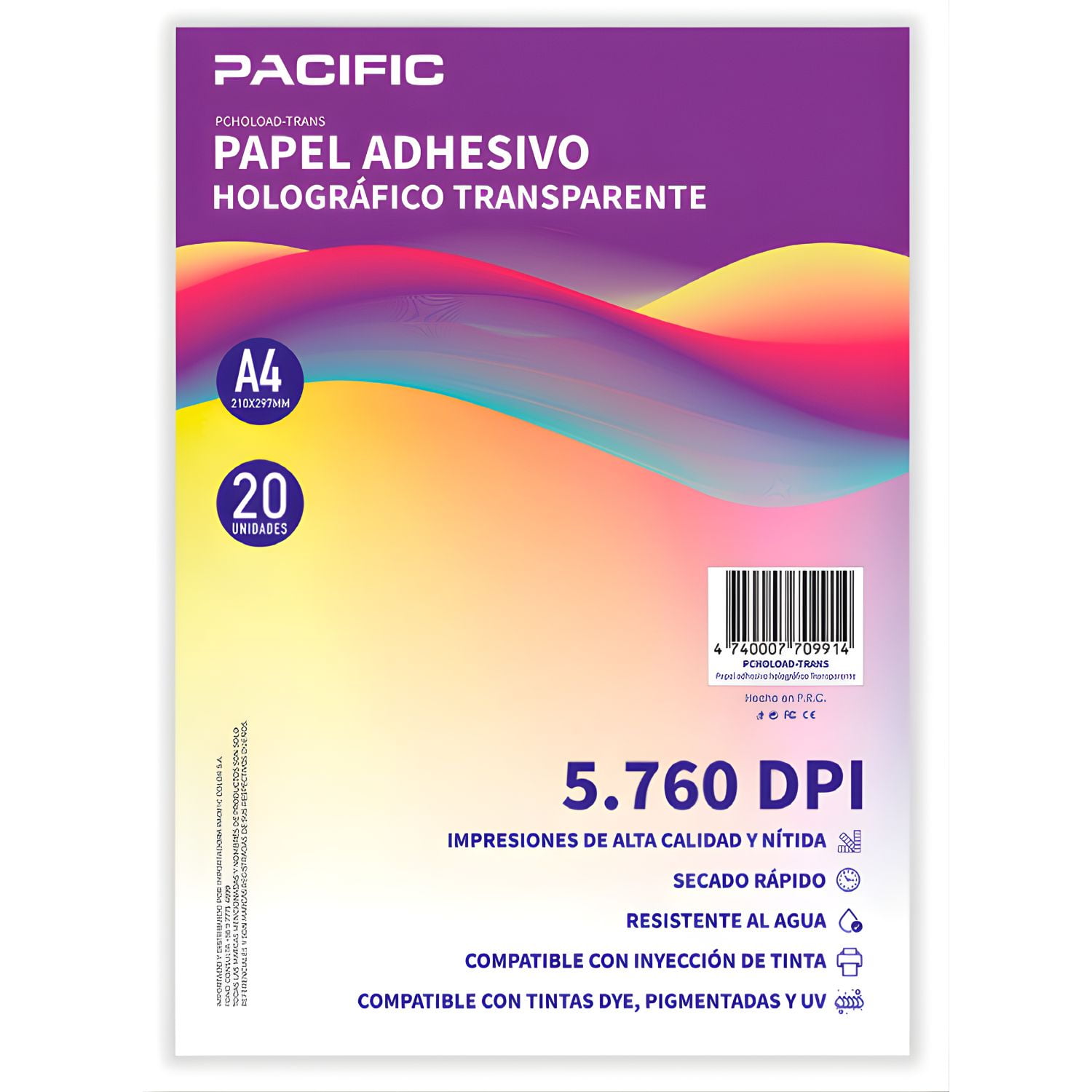 Pacific - Papel Adhesivo Holografico 20 Hojas Transparente A4 - Ps
