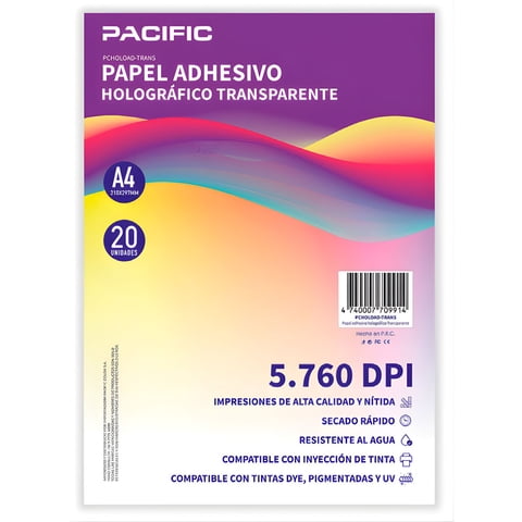 Pacific - Papel Adhesivo Holografico 20 Hojas Transparente A4 - Ps