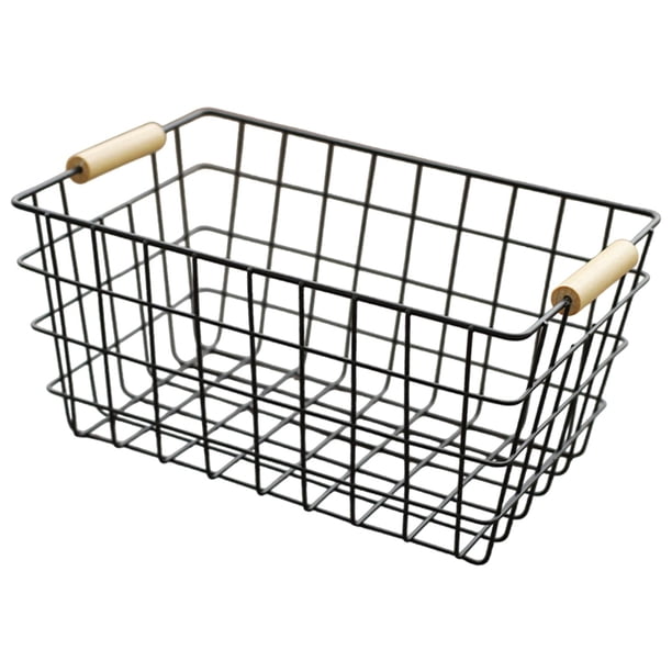 Cesta de almacenamiento de hierro, cesta de Picnic, organización de despensa, decoración del hogar, multiusos con mango de madera para guardería, sala Negro L