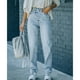 thumbnail image 5 of Pantalones de mujer, pantalones largos elásticos, pantalones rectos con botones cruzados, pantalones azul claro, 5 of 7