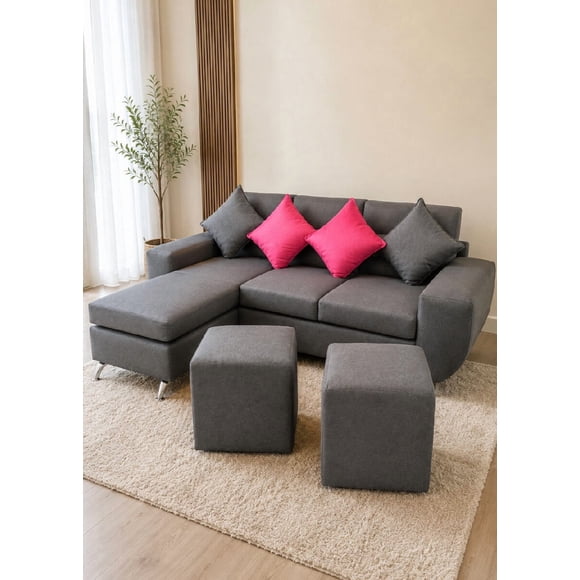 Living 3 Cuerpos Tipo L + 2 Puffs / COLOR GRIS OSCURO CON DETALLES FUCSIA