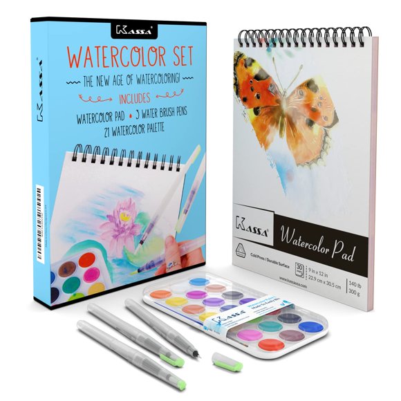 Kit de acuarela Kassa 21 colores, 30 hojas y 3 plumas