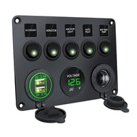Magideal - Panel De Interruptor Basculante De 5 Entradas, Panel De Interruptor De Palanca Dual Usb 4.2A, Voltímetro Digital Para Remolque, Yate, Rv, Coche Automo Luz Verde