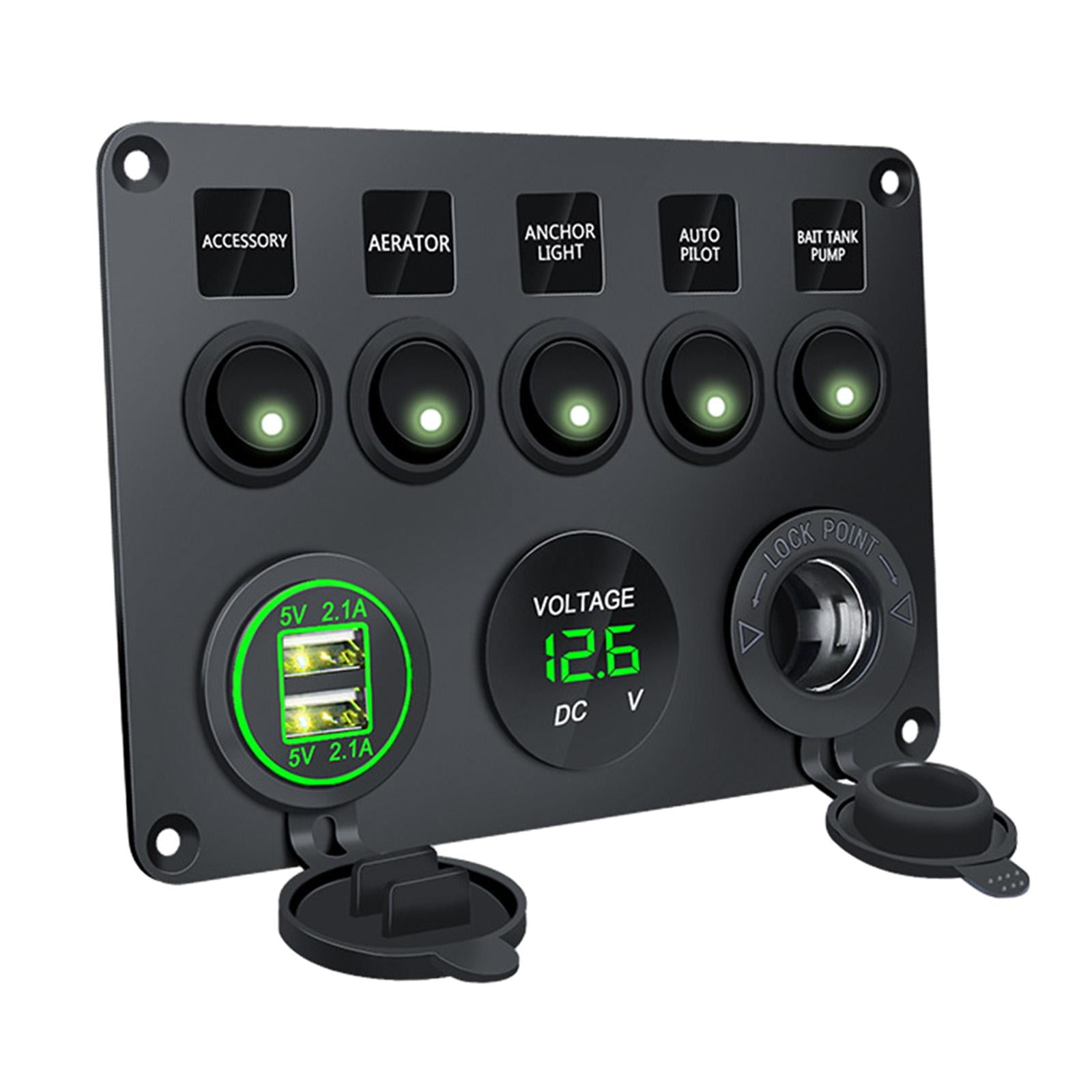 Magideal - Panel De Interruptor Basculante De 5 Entradas, Panel De Interruptor De Palanca Dual Usb 4.2a, Voltímetro Digital Para Remolque, Yate, Rv, Coche Automo Luz Verde