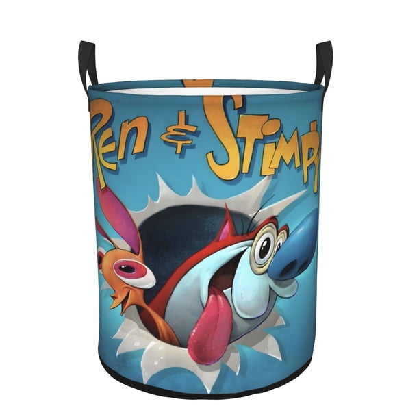 El Show de Ren y Stimpy Cesta de lavandería de gran capacidad redonda con asa, bolsa para ropa sucia plegable, almacenamiento para dormitorio, baño y lavadero 44x35 cm