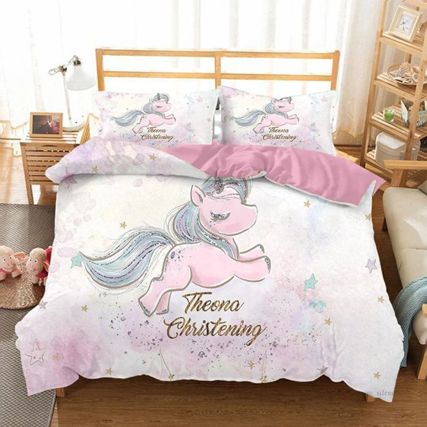 x2503 Bed SheetsHot Sale Cartoon Unicorn Kids Girls Pink Bedding Set Duvet Cover Bedcllothes Animal Printed Size Home Duvet Covers 3-Piece Bedding Set (1 Duvet Cover + 2 Pillow Shams) nj2503