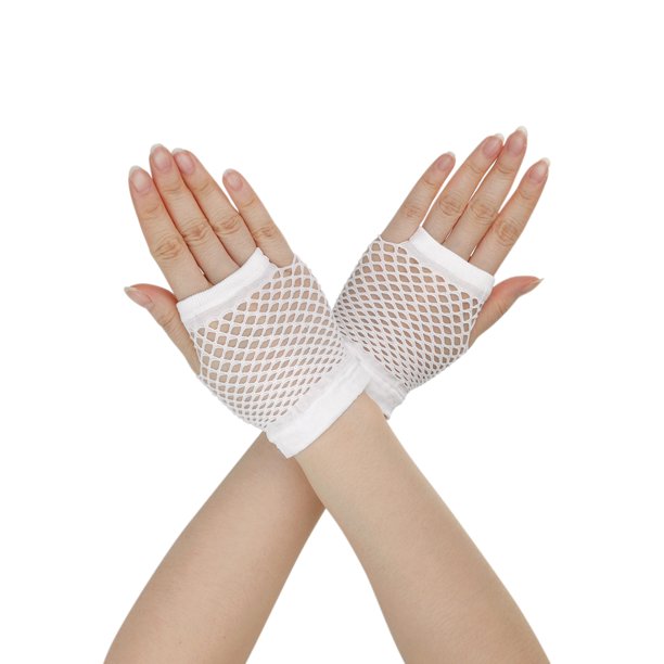 INSPIRE CHIC Guantes de Malla sin Dedos para Mujer, Accesorios de Disfraz de Fiesta de los Años 1980, Guantes de Red Cortos-1Par Blanco