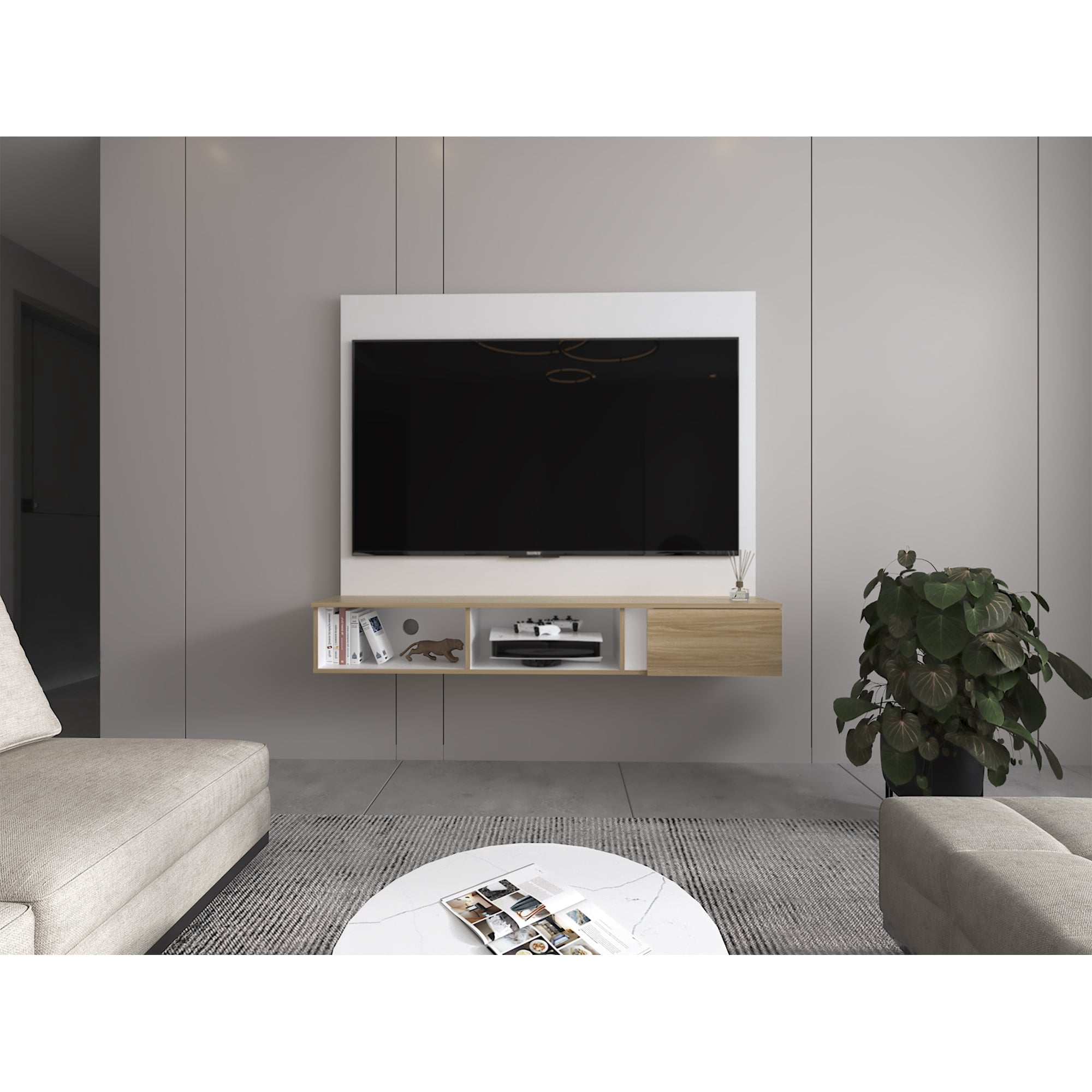 Tuhome - Panel Tv 65" Dassel 150x132,5x29,6 Cm Blanco Y Fresno