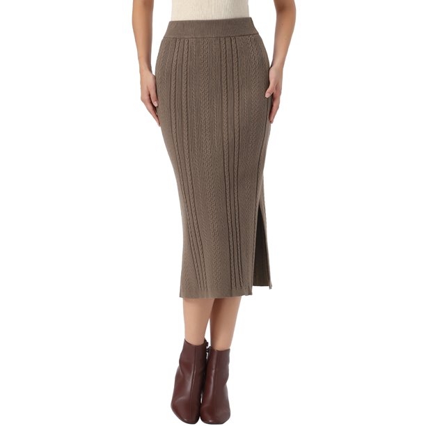 INSPIRE CHIC Falda de Punto de Cable para Mujer con Cintura Elástica A-Linea con Abertura Lateral Casual Falda Maxi de Punto Acanalado S Marrón